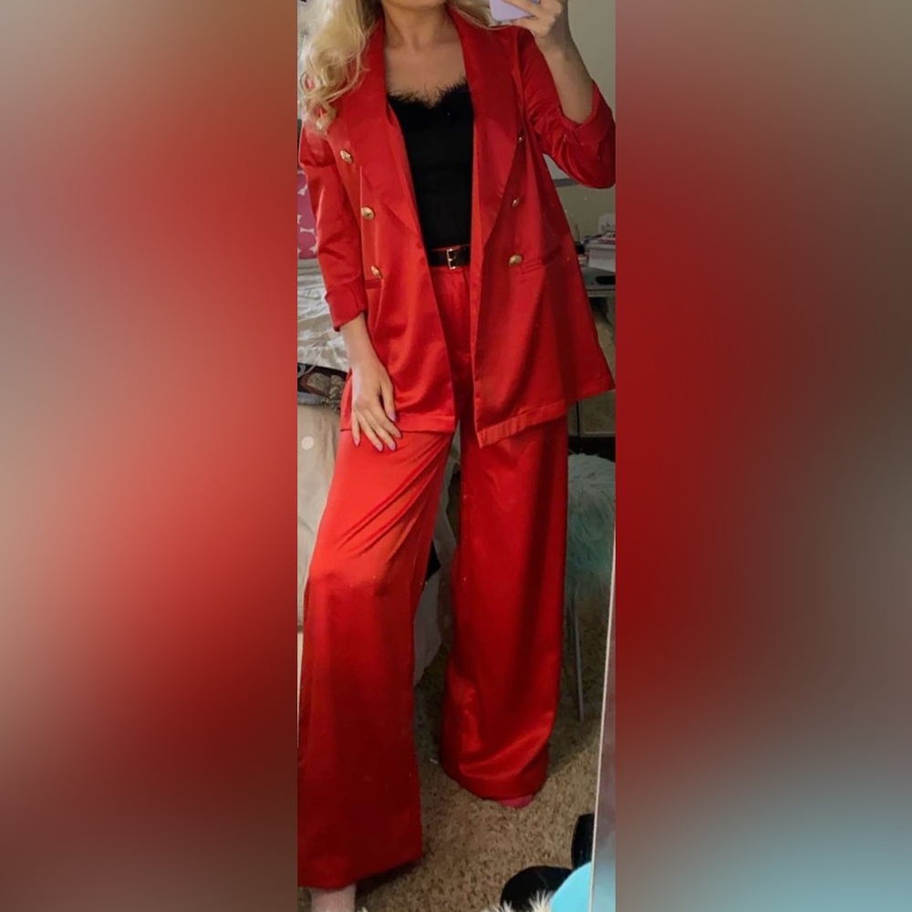 Shawl Collar Satin Blazer with Matching Pants Coord Set in Red